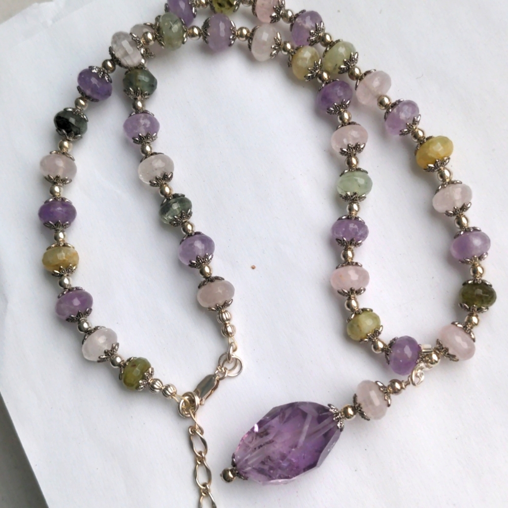 Genuine Gemstone Beaded Necklace, Amethyst Pendant, Silver, Handcrafted, New - Picture 7 of 9